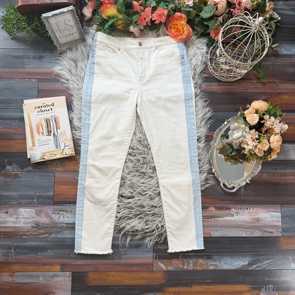 Ann Taylor LOFT Side Stripe Frayed High Waist Skinny Crop White Jeans - Picture 7 of 11